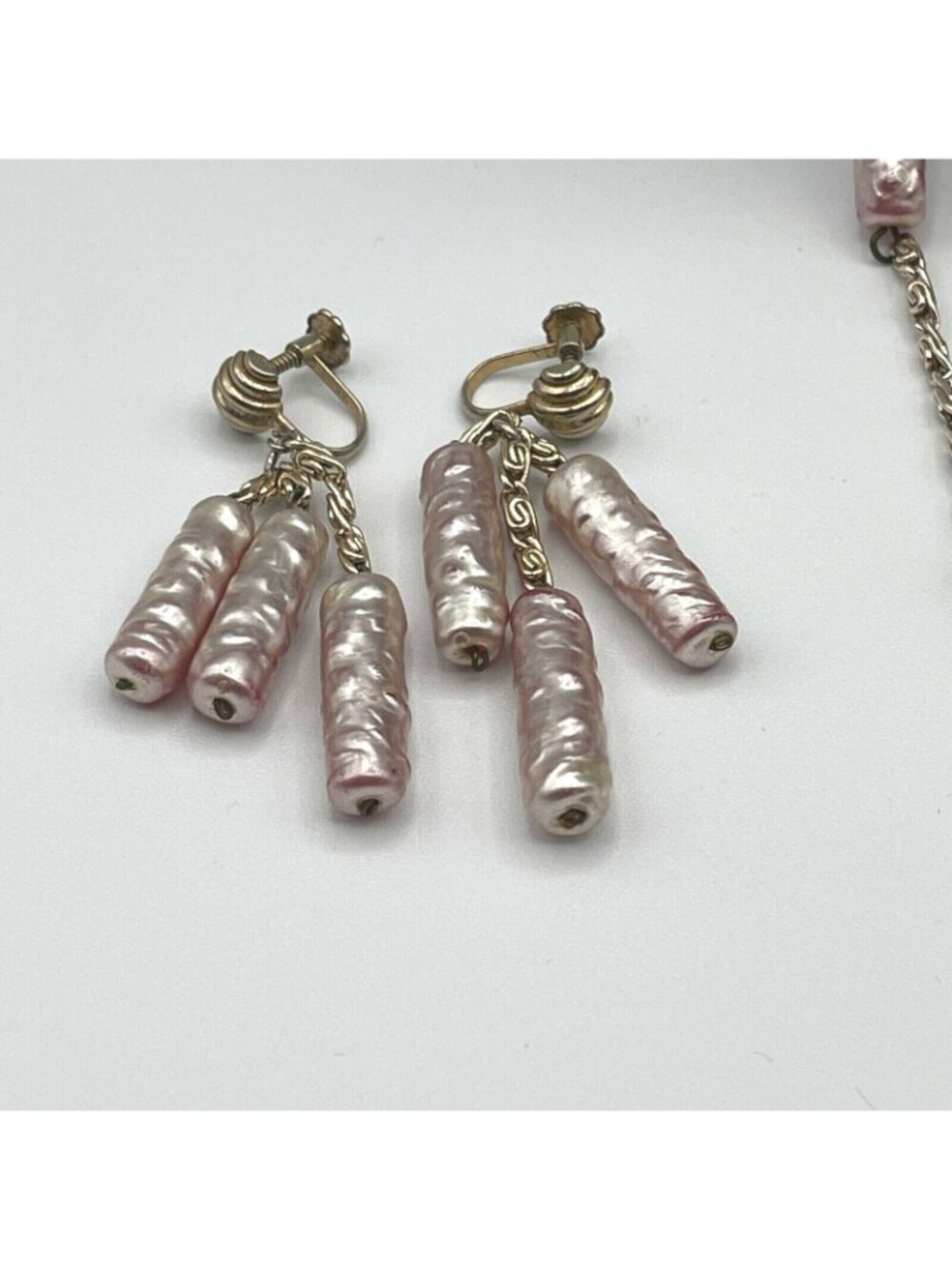 Opera Length Necklace Vintage Pearlescent Pink Bead Station 30" Drop + Earrings - Picture 3 of 9